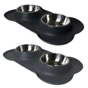 משחקים ועוד! חיות מחמד Stainless Steel Double Bowl Non Slip Small Twin Pet Cat Dog Bowl Mat Water Food